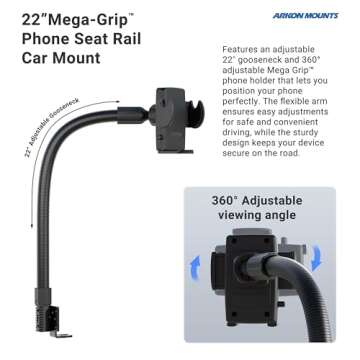ARKON Mounts - Phone Holder with Car Seat Rail Mount | Car Phone Stand with Flexible 22" Arm | Professional-Grade Durability | Phone Holder For Car | For iPhone, Samsung, Google, Nokia, other phones