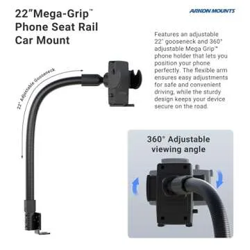 ARKON Mounts - Phone Holder with Car Seat Rail Mount | Car Phone Stand with Flexible 22" Arm | Professional-Grade Durability | Phone Holder For Car | For iPhone, Samsung, Google, Nokia, other phones