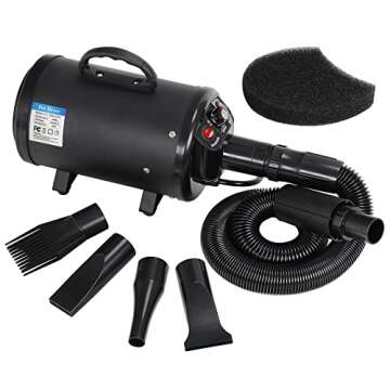 ZENY Dog Dryer, Pet Grooming Blower with Heater for Cat/Dog, 2400W Speed-Adjustable Pet Hair Dryer, with 4 Different Nozzles + 2 Filter, Black