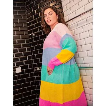 Colorblock Plus Size Rainbow Cardigan Sweater for Women