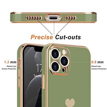 Teageo Compatible with iPhone 12 Pro Case for Girl Women Cute Love-Heart Luxury Plating Soft Back Cover Raised Camera Protection Bumper Silicone Shockproof Phone Case for iPhone 12 Pro, Light Green