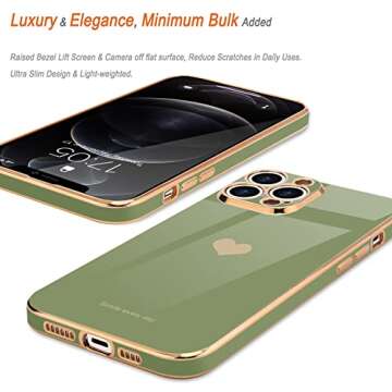 Teageo Compatible with iPhone 12 Pro Case for Girl Women Cute Love-Heart Luxury Plating Soft Back Cover Raised Camera Protection Bumper Silicone Shockproof Phone Case for iPhone 12 Pro, Light Green