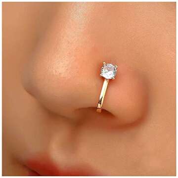 Andelaisi Punk Crystal Circle Clip On Nose Ring Vintage CZ Circle Fake Nose Ring Gold Round Nose Cuf...
