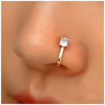 Andelaisi Punk Crystal Circle Clip On Nose Ring Vintage CZ Circle Fake Nose Ring Gold Round Nose Cuf...
