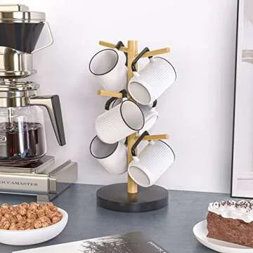 Wisuce Bamboo Mug Holder Tree, Thicker Base Coffee Cup Holder Stand for Counter, Mug Rack with 6 Hooks