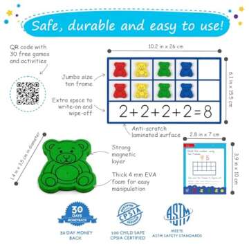 130 PCS Jumbo Magnetic Ten Frames Activity Set with Counting Bears, Math Manipulatives for Kindergarten, PreK, Preschool, Counting Bears Class Set, Math Counters Games for Kids, Homeschool Supplies
