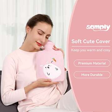 samply Hot Water Bottle with Cute Fleece Cover, 2Liter Water Bag for Hot and Cold Compress, Hand Feet Warmer, Neck and Shoulder Pain Relief, Pink Rabbit