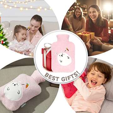samply Hot Water Bottle with Cute Fleece Cover, 2Liter Water Bag for Hot and Cold Compress, Hand Feet Warmer, Neck and Shoulder Pain Relief, Pink Rabbit