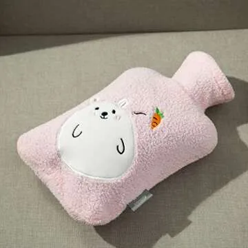 samply Hot Water Bottle with Cute Fleece Cover, 2Liter Water Bag for Hot and Cold Compress, Hand Feet Warmer, Neck and Shoulder Pain Relief, Pink Rabbit