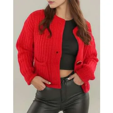 Zhiyouni Women's Cropped Cardigan Sweater Long Sleeves Button Down Chunky Knitted Coat(Red-S)