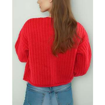 Zhiyouni Women's Cropped Cardigan Sweater Long Sleeves Button Down Chunky Knitted Coat(Red-S)