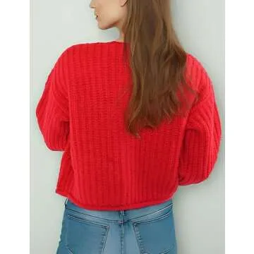 Zhiyouni Women's Cropped Cardigan Sweater Long Sleeves Button Down Chunky Knitted Coat(Red-S)