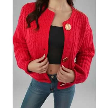 Zhiyouni Women's Cropped Cardigan Sweater Long Sleeves Button Down Chunky Knitted Coat(Red-S)