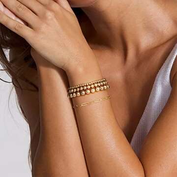 GLIJWELE Gold Beaded Bracelets for Women, 14K Gold Plated Bead Bracelet for Women Stackable Gold Bea...