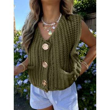 ANRABESS Women Chunky Knit Sweater Vest - Casual Sleeveless Cardigan with Pockets