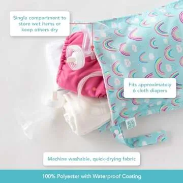 Bumkins Waterproof Wet Bag for Baby, Travel, Swim Suit, Cloth Diapers, Pump Parts, Pool, Gym Clothes, Toiletry, Strap to Stroller, Daycare, Zipper Reusable Bag, Wetdry Packing Pouch, Rainbows Blue