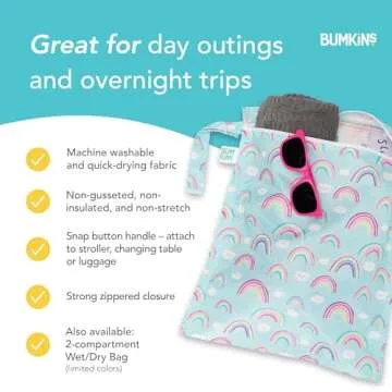 Bumkins Waterproof Wet Bag for Baby, Travel, Swim Suit, Cloth Diapers, Pump Parts, Pool, Gym Clothes, Toiletry, Strap to Stroller, Daycare, Zipper Reusable Bag, Wetdry Packing Pouch, Rainbows Blue
