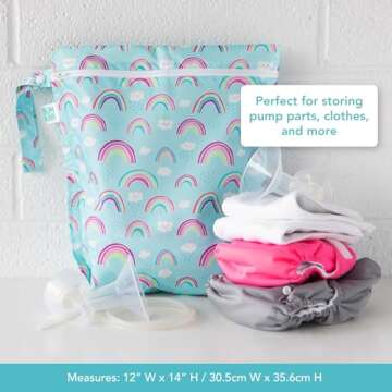 Bumkins Waterproof Wet Bag for Baby, Travel, Swim Suit, Cloth Diapers, Pump Parts, Pool, Gym Clothes, Toiletry, Strap to Stroller, Daycare, Zipper Reusable Bag, Wetdry Packing Pouch, Rainbows Blue