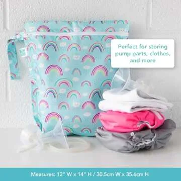 Bumkins Waterproof Wet Bag for Baby, Travel, Swim Suit, Cloth Diapers, Pump Parts, Pool, Gym Clothes, Toiletry, Strap to Stroller, Daycare, Zipper Reusable Bag, Wetdry Packing Pouch, Rainbows Blue