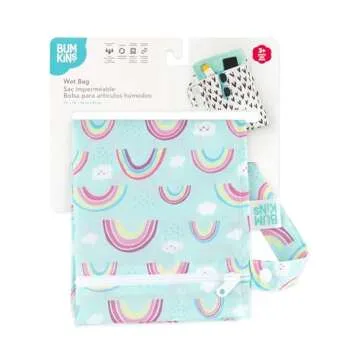 Bumkins Waterproof Wet Bag for Baby, Travel, Swim Suit, Cloth Diapers, Pump Parts, Pool, Gym Clothes, Toiletry, Strap to Stroller, Daycare, Zipper Reusable Bag, Wetdry Packing Pouch, Rainbows Blue