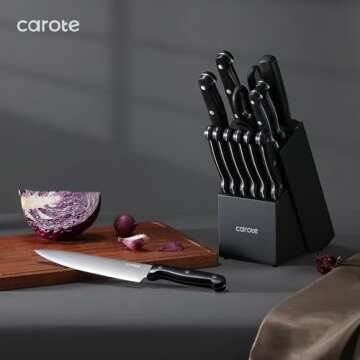 CAROTE 14 Pieces Knife Set with Block - Sharp & Stylish
