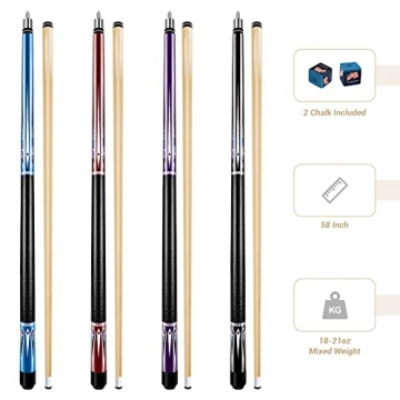 Professional Billiard Pool Cue Stick Set 4 Sticks 18-21oz
