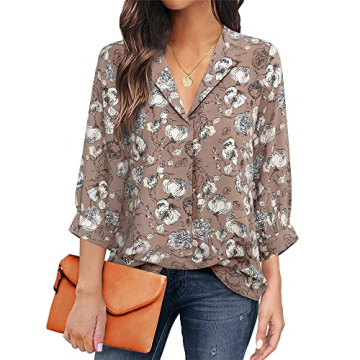 Unixseque Women Work Blouses,Ladies Tops 3/4 Sleeve Elegant Chiffon V Neck Blouses Pleated Fits Rela...