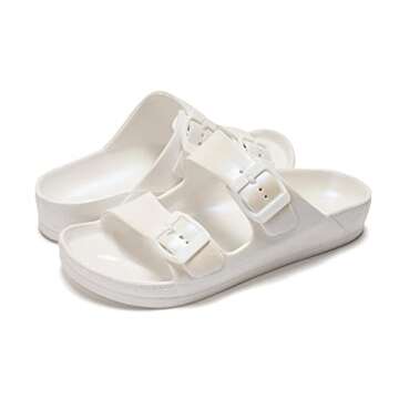 FUNKYMONKEY Women's Comfort Slides Double Buckle Adjustable EVA Flat Sandals (7 M US, Variation White)