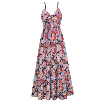 Women's Summer Maxi Dress Casual Boho Floral V Neck Sleeveless Ruffle Hem Beach Long Dresses