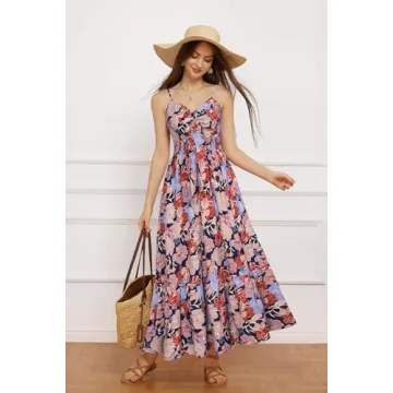 Women's Summer Maxi Dress Casual Boho Floral V Neck