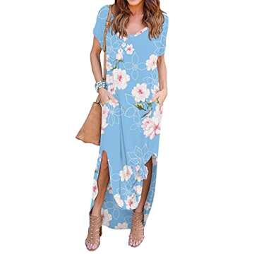 GRECERELLE Women Casual Sundresses Short Sleeve Shirt Dress Split Maxi Long Beach Dresses Travel Vacation 2025 Summer Outfits L, Light Blue