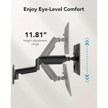 HUANUO Computer Monitor Wall Mount for 22 to 35 inch Flat Curved Screens, Single Wall Mount Monitor Arm Holds up to 26.4lbs, Height Adjustable Full Motion Gas Springcore Vesa Wall Mount, Max 200x200mm