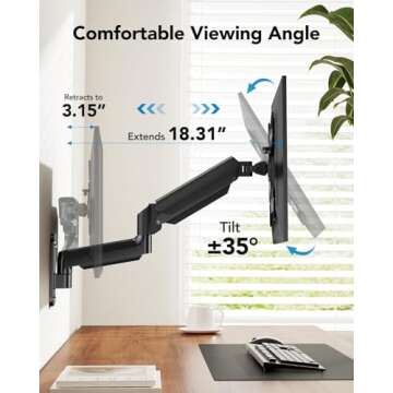 HUANUO Computer Monitor Wall Mount for 22 to 35 inch Flat Curved Screens, Single Wall Mount Monitor Arm Holds up to 26.4lbs, Height Adjustable Full Motion Gas Springcore Vesa Wall Mount, Max 200x200mm