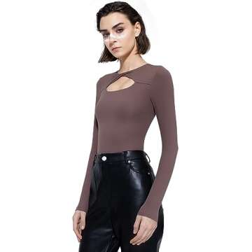 PUMIEY Bodysuit for Women Long Sleeve Bodysuit Shirts Slim Fit Sexy Going Out Tops, Pimento Small