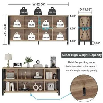 FATORRI 8 Cube Storage Organizer Bookshelf, Rustic Wood Cubby Bookcase, Industrial Horizontal Long S...