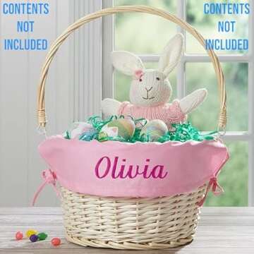 Personalized Hand-Woven Willow Easter Basket with Folding Handle - Custom Embroidered - Light Pink