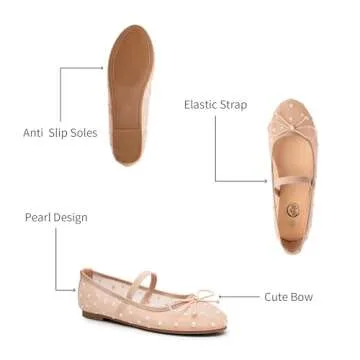Trary Mesh Ballet Flats for Women, Pearl Ballet Flats Shoes for Women, Bow Mary Jane Shoes Women, Rhinestone Nude Flats for Women, Comfy Dress Shoes for Women, Wide Mary Janes Flats, Mesh Flats