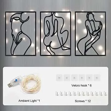 AYOUSENFAN Black Metal Wall Art with Fairy Lights, 0.12 Inch Thicker Minimalist Wall Art Decor, 15.5 x 11 Inches Simple and Easy Hanging Abstract Female Body Metal Line Art Wall Decor (3 Packs)