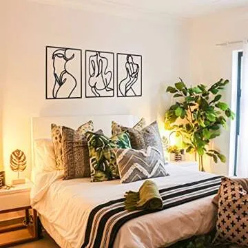 AYOUSENFAN Black Metal Wall Art with Fairy Lights, 0.12 Inch Thicker Minimalist Wall Art Decor, 15.5 x 11 Inches Simple and Easy Hanging Abstract Female Body Metal Line Art Wall Decor (3 Packs)