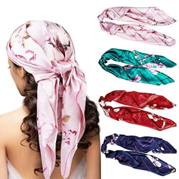 4 Pcs Silk Feeling Head Scarf for Women, 35 x 35 Inches Silky Satin Neck Head Hair Scarf for Women F...