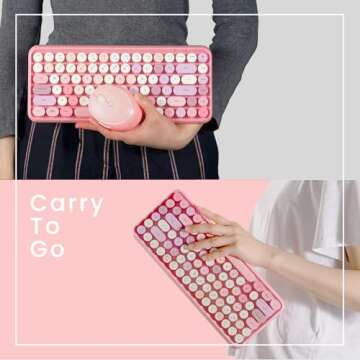 Perixx PERIDUO-713 Wireless Mini Keyboard and Mouse Combo, Retro Round Key Caps, Pastel Pink, US English Layout