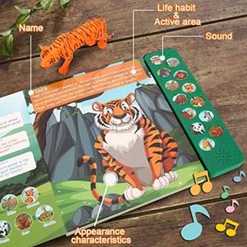 Tudoccy Safari Animals Figures Toys - 13 Realistic Wild Plastic Animal Figurines & Kids Sound Book - Educational Learning Toys Gift for 3 Years Old & Up Boys Girls Toddlers