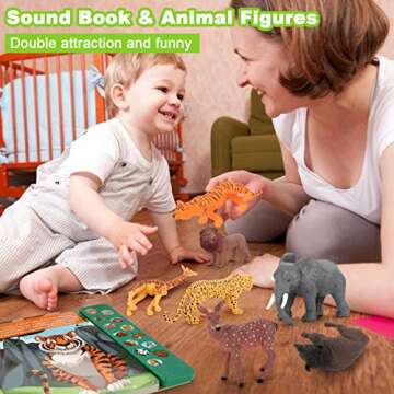 Tudoccy Safari Animals Figures Toys - 13 Realistic Wild Plastic Animal Figurines & Kids Sound Book - Educational Learning Toys Gift for 3 Years Old & Up Boys Girls Toddlers