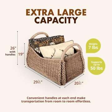 KOUBOO XL Seagrass Basket, Handmade, Living Room, Blankets, Toy Bin, Extra Storage, Decorative Storage, Laundry Basket, Brown
