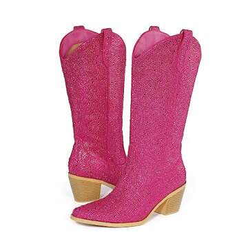 Lumeheel Rhinestone Cowboy Boots for Women - Sparkly Cowgirl Boots Wide Calf Glitter Bling Women's Western Boots Bedazzled Mid Calf Knee High Boots Bejeweled Shiny Country Boots Crystal Pink 7M