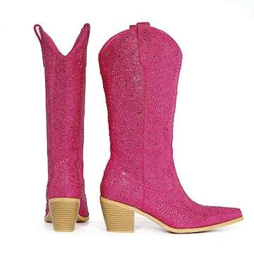 Lumeheel Rhinestone Cowboy Boots for Women - Sparkly Cowgirl Boots Wide Calf Glitter Bling Women's Western Boots Bedazzled Mid Calf Knee High Boots Bejeweled Shiny Country Boots Crystal Pink 7M