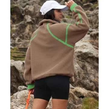 LAMISSCHE Half Zip Sweatshirt Women Oversized Sherpa Jacket V Neck Fleece Pullover Hoodie with Pockets(Khaki,S)