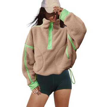 LAMISSCHE Half Zip Sweatshirt Women Oversized Sherpa Jacket V Neck Fleece Pullover Hoodie with Pockets(Khaki,S)