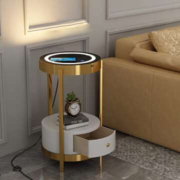 wangpengkai Gold Smart Led Nightstand with White Drawers,14in Sofa Round End Table with USB & AC Por...