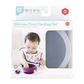 Bumkins Baby Bowl, Silicone Baby Feeding Set with Suction for Baby and Toddler, Includes Spoon and Lid, First Feeding Set, Essential for Baby Led Weaning for Babies 4 Months, Marble